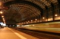 Train arriving at Haarlem station by night